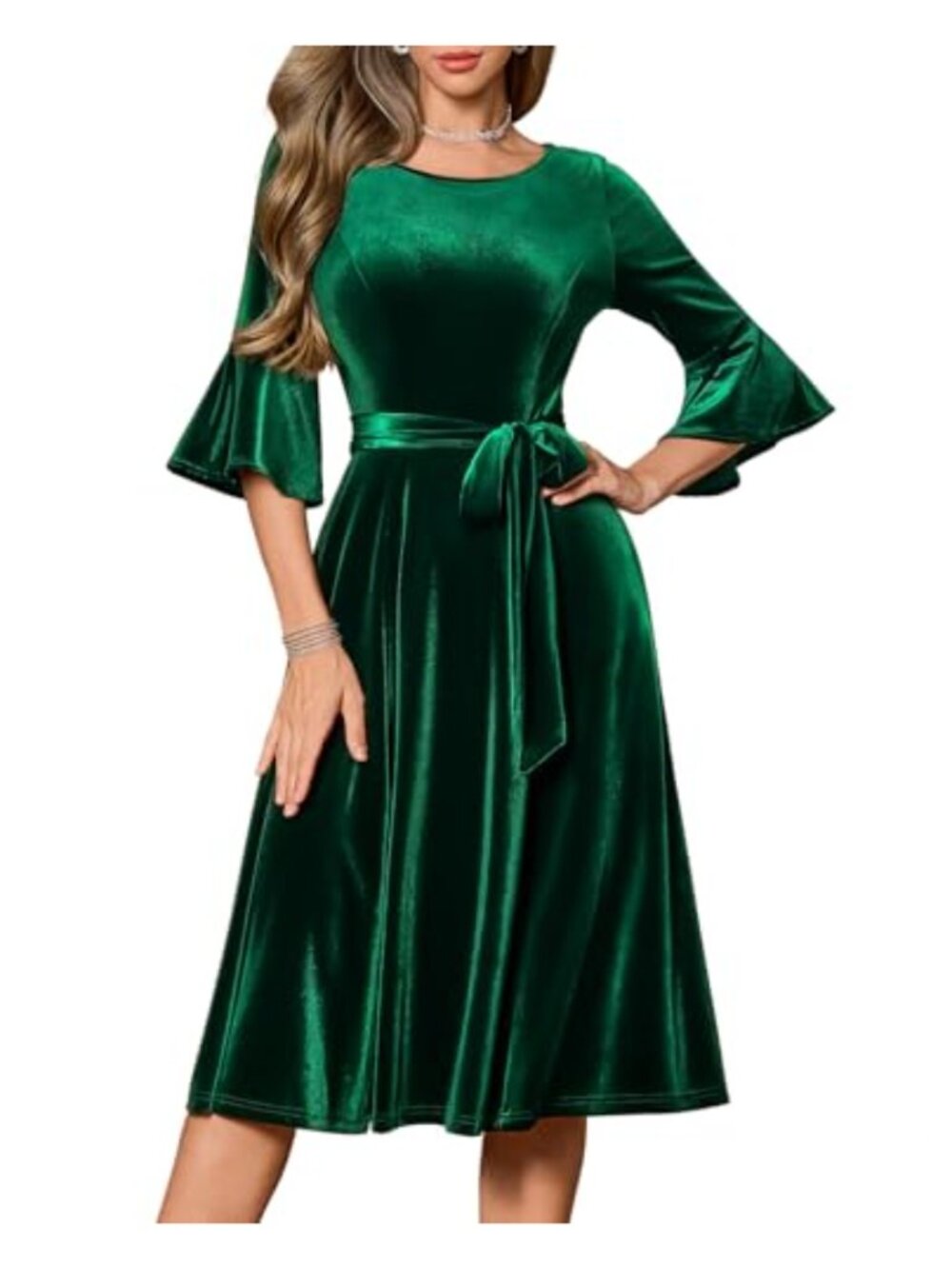 Womens Velvet Bell Sleeve Midi Cocktail Party Dress Fit and Flare Church